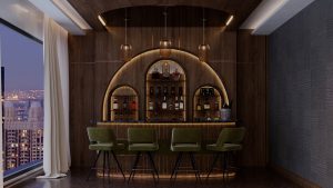 A home bar with arched shelving and a city view