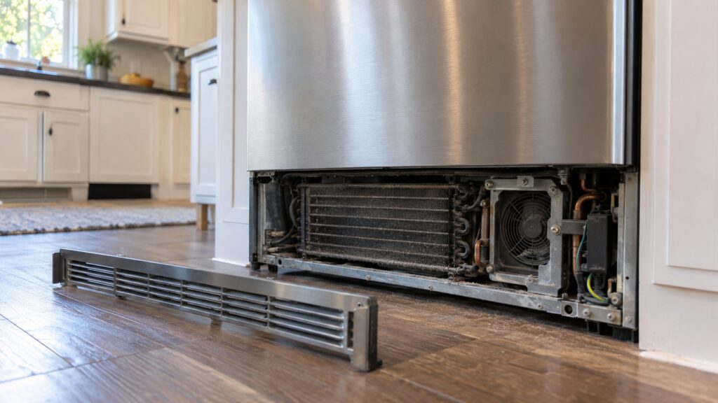 The lower front grille of an undercounter refrigerator removed showing the condenser behind it