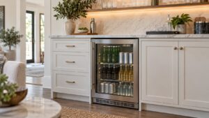 An undercounter glass door beverage cabinet built into a home bar cabinet run