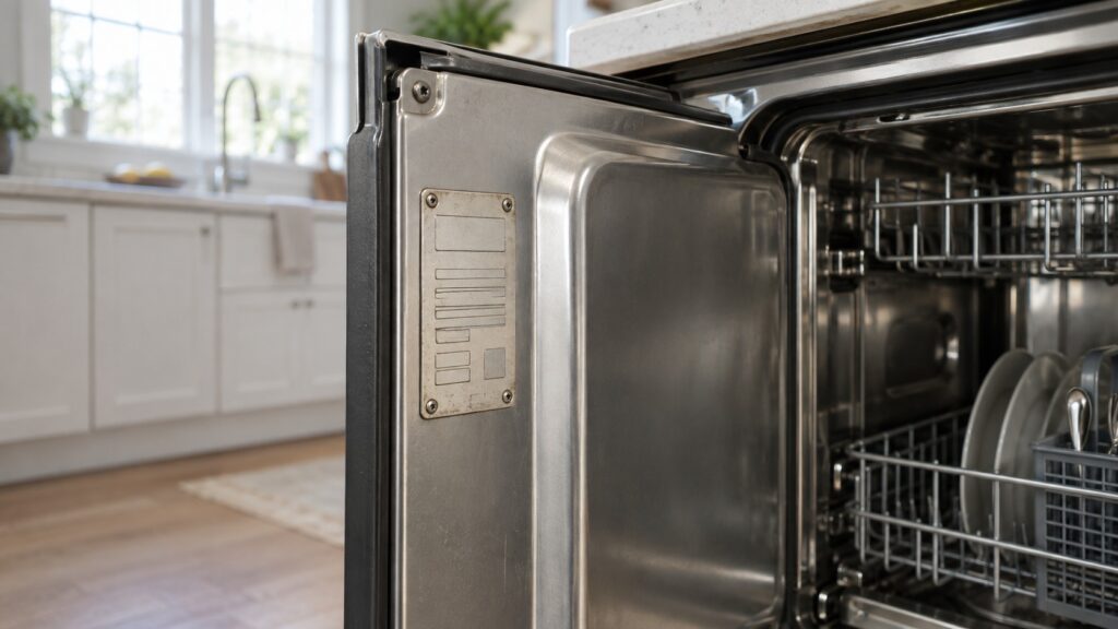 A specification plate on the inside frame of an undercounter appliance listing ratings