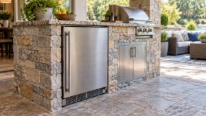 An outdoor kitchen counter with a stainless undercounter refrigerator built into the stonework