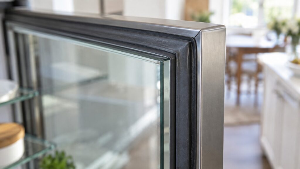 A close view of the rubber gasket where a glass cabinet door meets the metal frame