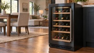 A glass door wine cabinet in a warm room with bottles visible through the clear glass