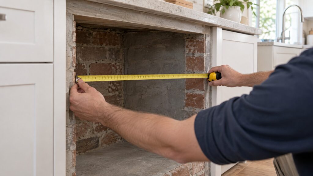 A masonry cabinet opening being measured with a tape before an appliance is fitted
