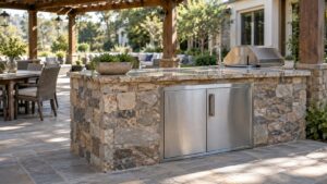 An outdoor kitchen under a pergola with a stone counter and a stainless undercounter cabinet
