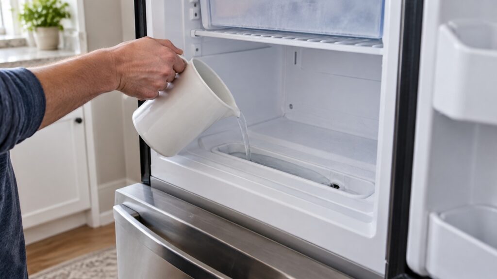 Warm water being poured slowly into the drain trough at the base of a freezer compartment