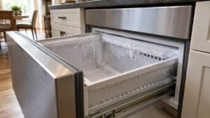 An undercounter freezer drawer pulled open showing frost on the interior walls