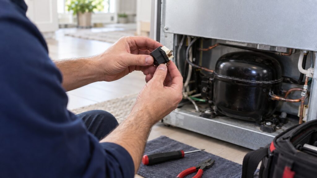A technician holding a small start relay component removed from a refrigeration compressor