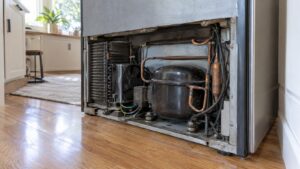 The compressor and sealed system components at the rear base of an undercounter refrigeration unit