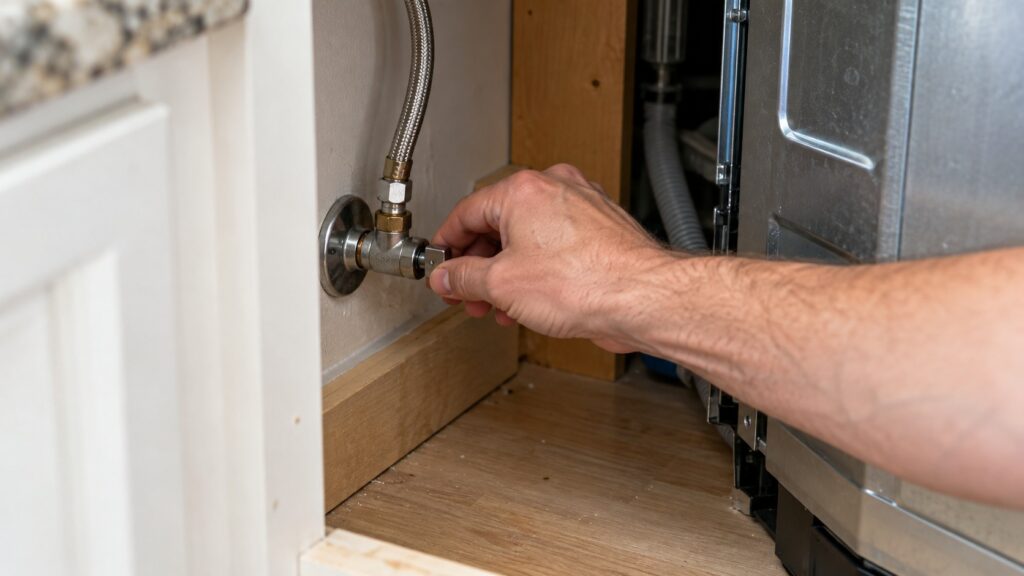 A hand closing a small shutoff valve on a water supply line behind an undercounter appliance