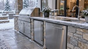 An outdoor kitchen counter with stainless appliance doors under a light dusting of early snow