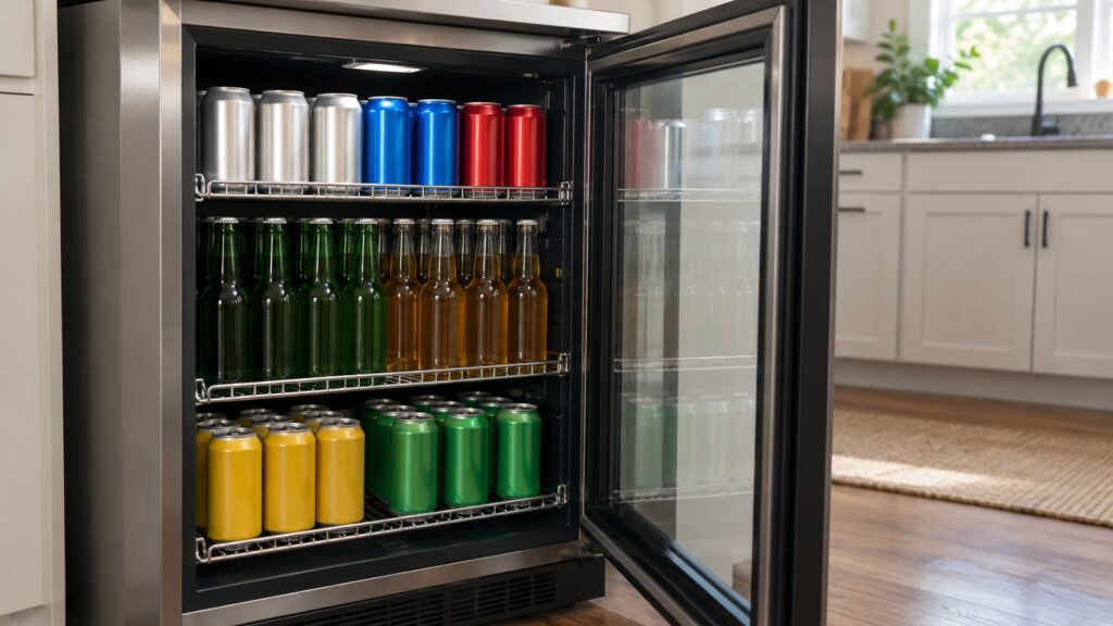 The interior of a beverage cabinet with wire racks holding rows of cans and bottles