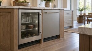Two undercounter cabinets side by side in a kitchen island one with a glass door and one solid