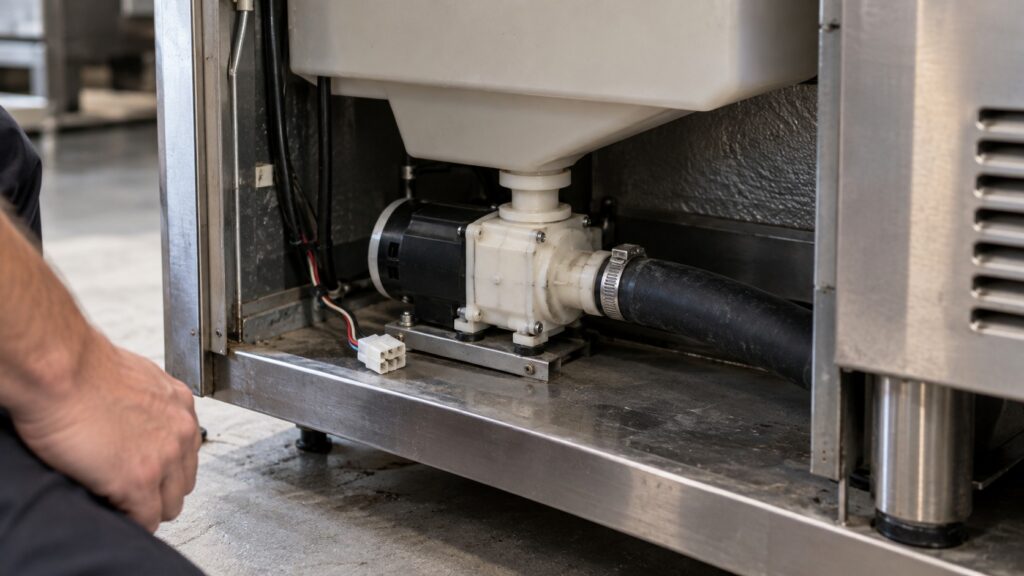 A small drain pump mounted below the ice storage bin of an undercounter machine with its outlet hose and an unplugged wiring connector beside it