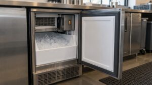 A built-in undercounter ice machine with its door open and a short fault code lit on the control panel inside the cabinet