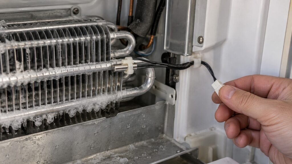 A small cylindrical temperature sensor clipped to an evaporator tube inside an appliance with its two thin leads running to a plug
