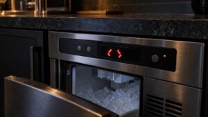 The control panel of an undercounter ice machine lit in a dark kitchen with a short two-character fault code on the display