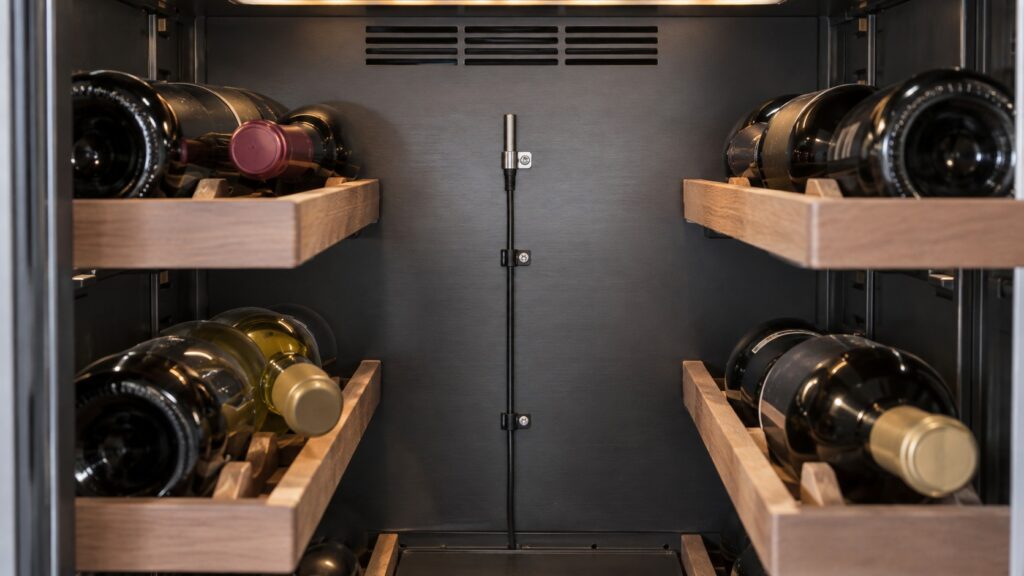 A temperature sensor mounted on the rear interior wall of a wine cabinet between two wine racks with its harness running down the panel
