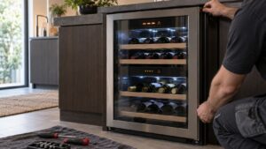 A dual-zone wine cabinet with a glass door and two lit control displays, the upper display showing a short fault code