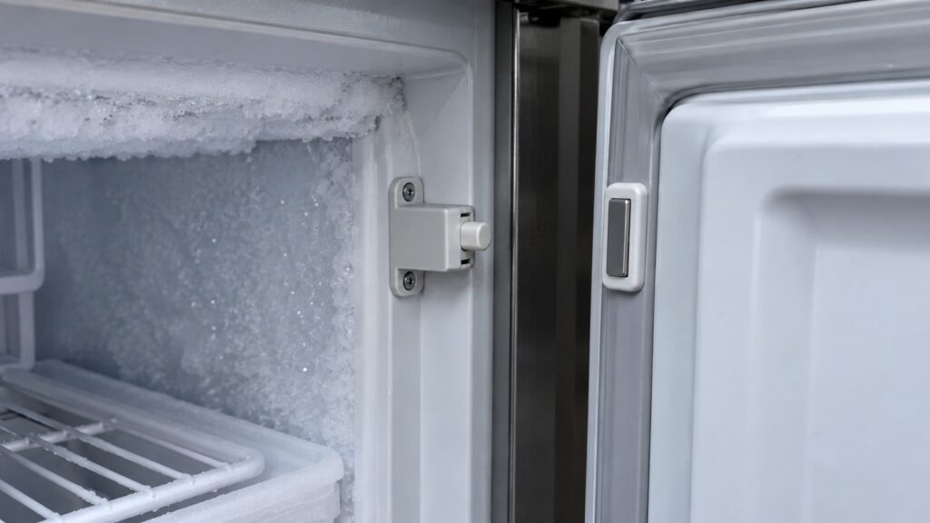 A close view of a door switch sensor set into the cabinet frame of an undercounter freezer, frost on the liner behind it and the matching magnet in the edge of the freezer door