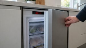 A built-in undercounter freezer with its door standing open a hand's width and a short fault code lit on the control panel