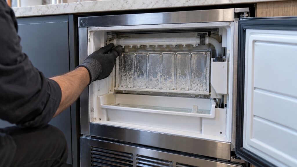 The open ice-making compartment of an undercounter machine with the water trough and distribution tube visible and a pale mineral film on the evaporator plate