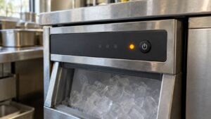 The touch pad of an undercounter ice machine with a cleaning indicator lit beside the power button