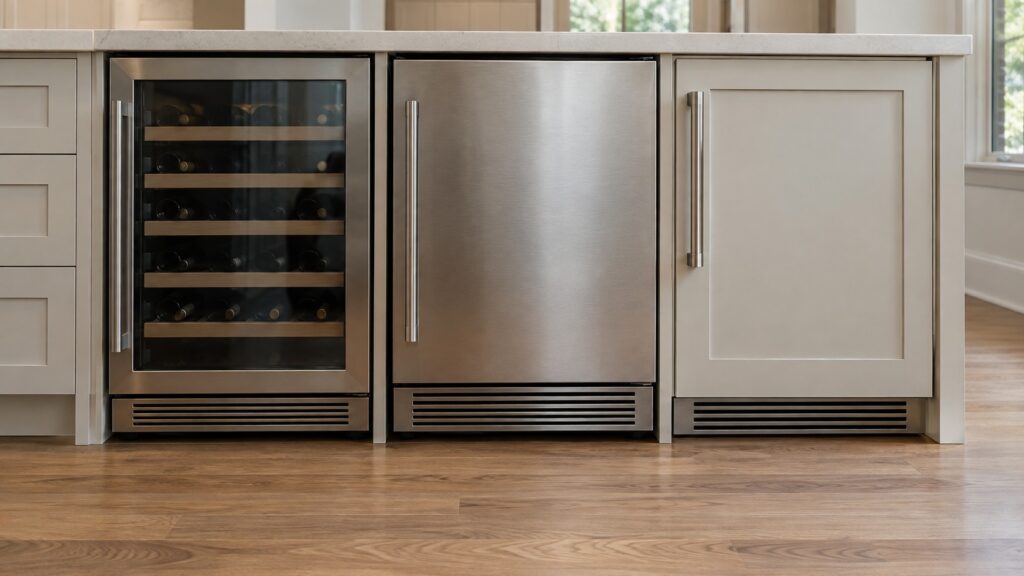 Three undercounter appliance fronts side by side in a cabinet run: a glass-door wine cabinet, a stainless ice machine and a panel-ready refrigerator