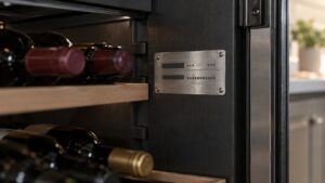 A rating plate on the interior side wall of a built-in wine cabinet with the model number and serial number printed on it