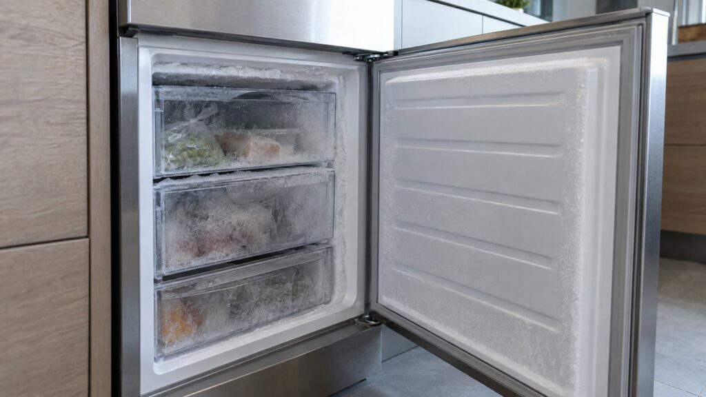 A close-up of the lower freezer door section of an open built-in two-door refrigerator-freezer combo unit, frost visible on the interior walls