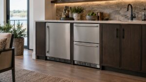 A modern wet bar area with two different built-in undercounter refrigeration units side by side, one with a single door and one with two stacked doors