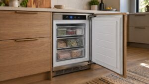 An open built-in undercounter freezer unit with a digital control panel showing a mode selection screen, kitchen cabinetry visible around it