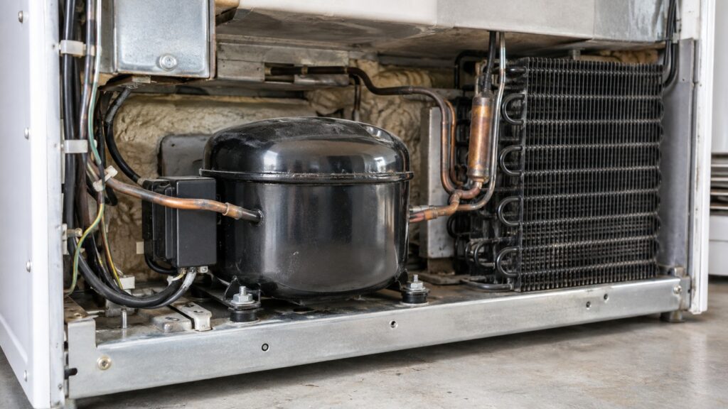 A close-up of a compressor and coil assembly at the back of an open built-in freezer unit with an access panel removed