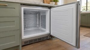 An open built-in undercounter freezer with visible interior coils and a single compartment, no divider visible inside, kitchen cabinetry surrounding it
