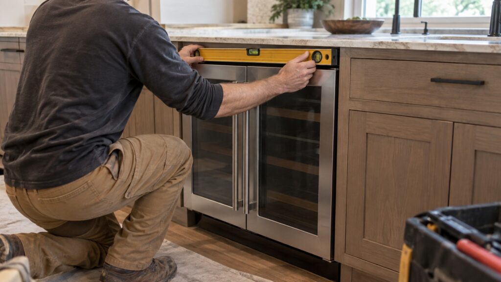A person using a level tool along the top edge of a built-in two-door undercounter unit during installation, cabinetry visible around it