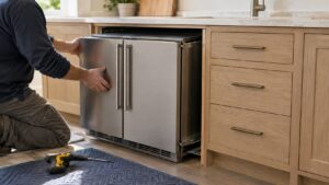 A built-in two-door undercounter refrigerator-freezer combo unit partially slid into a kitchen cabinetry opening during installation