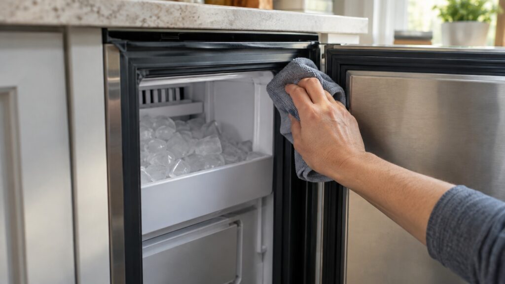 A hand wiping the rubber door gasket around the open door frame of a built-in ice maker unit with a cloth