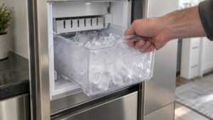 A hand lifting a plastic ice bin out of an open built-in ice maker unit, clear ice cubes visible inside