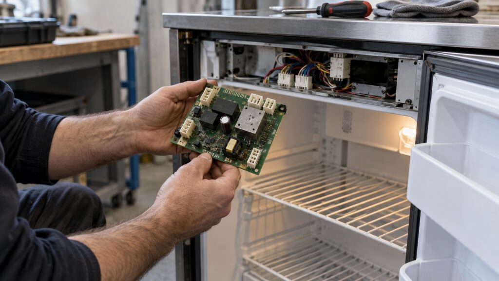 A technician's hands holding an older-style refrigerator control board next to an open undercounter refrigerator unit, comparing part numbers