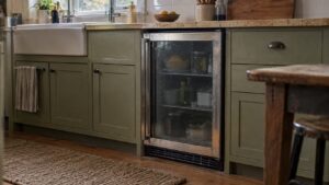 An older-style 15-inch built-in glass-door undercounter refrigerator installed under a kitchen counter, showing visible signs of years of use