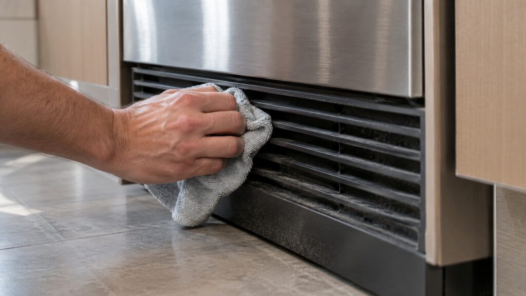 A close-up of a hand clearing dust from the front ventilation grille of a built-in ice machine unit