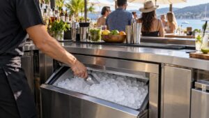A built-in crescent ice machine at a busy outdoor bar counter on a sunny day, a bin full of crescent-shaped ice cubes visible