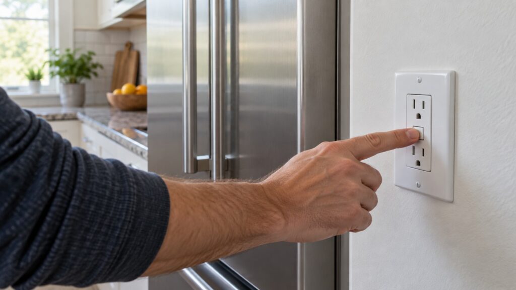 A hand pressing the reset button on a GFCI outlet on a kitchen wall near a built-in refrigeration unit