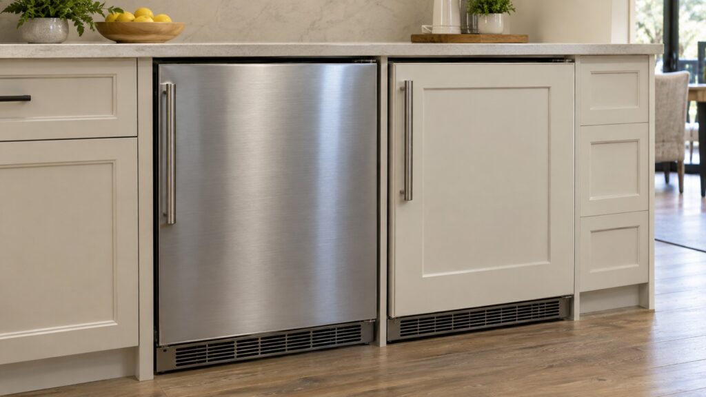 Two undercounter refrigerators side by side, one with a stainless door and one with a cabinet panel front