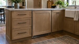 A built-in undercounter refrigerator with a wood panel front in a home kitchen