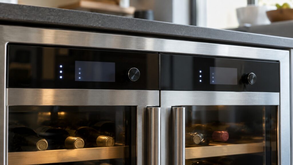 A close-up of the temperature control display on a dual-zone wine refrigerator