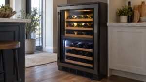 A wine refrigerator with two lit zones and bottles resting on wooden racks
