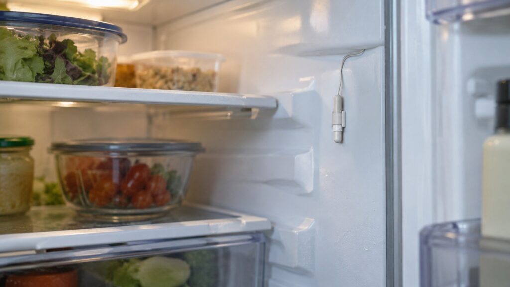A small temperature sensor clipped to the inside wall of a refrigerator cabinet