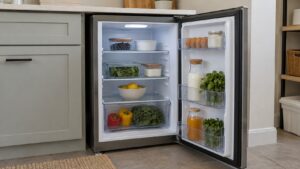A small undercounter refrigerator with its door open and neatly arranged shelves