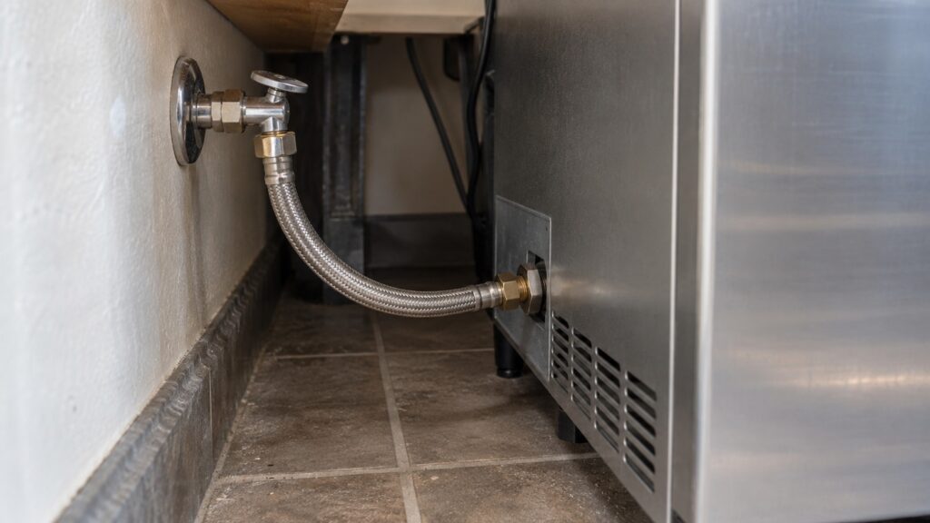 A water supply shutoff valve and a braided hose behind an undercounter ice machine